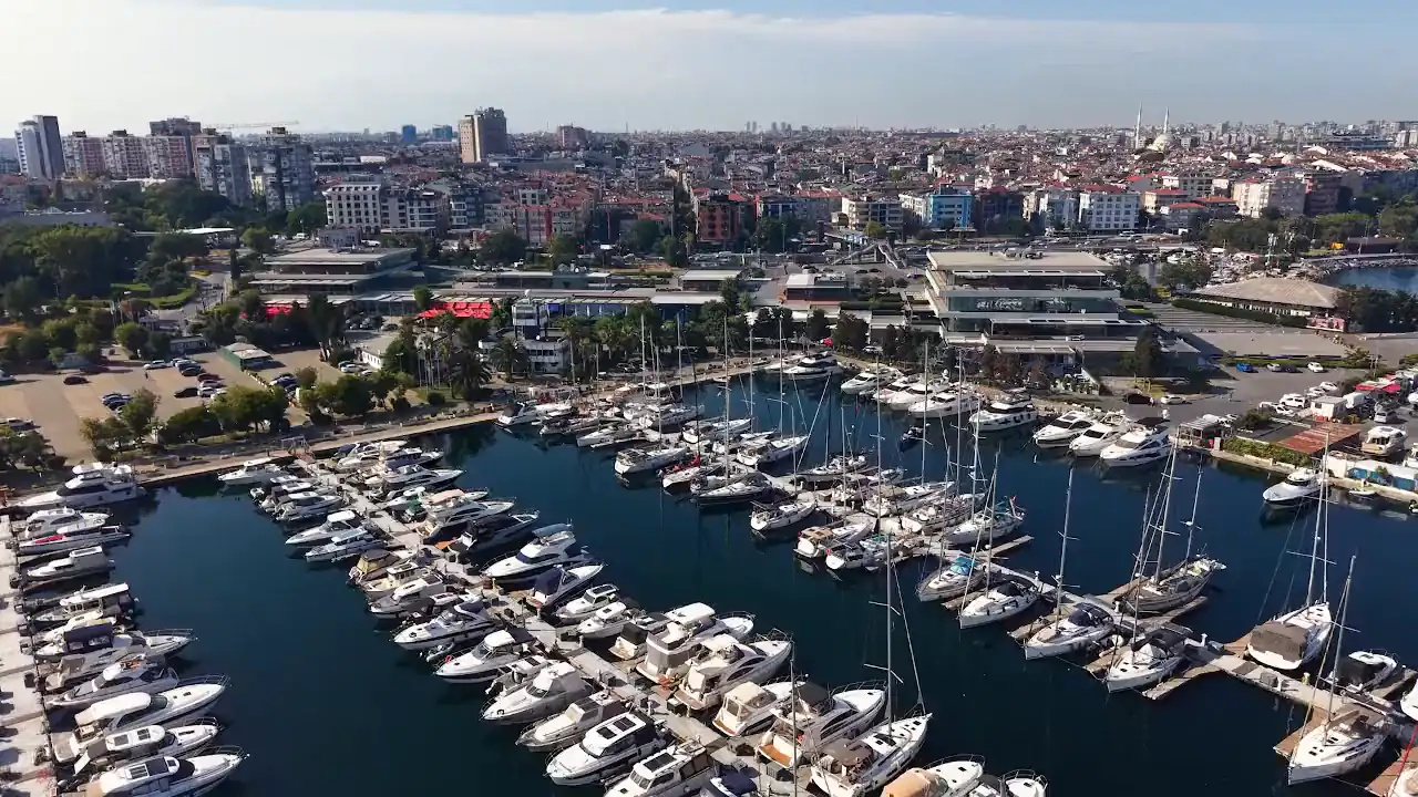 The Marmara shore of Istanbul from the air: a marina full of boats, the city behind it