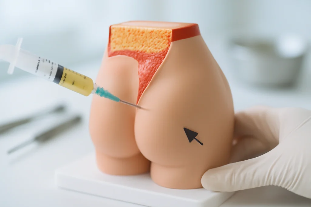 3D-Modell, das den Fettübertragungsprozess bei einem BBL zeigt