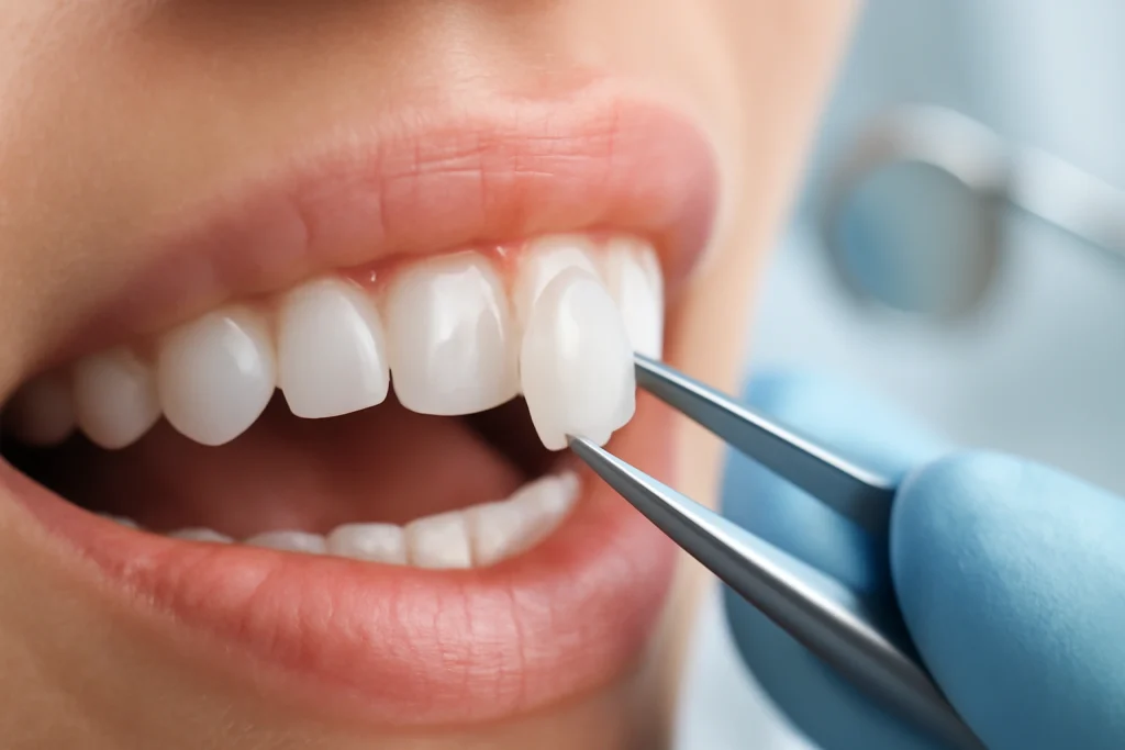 Nahaufnahme eines Patientenmundes mit einem Zahnarzt beim Legen eines Veneers