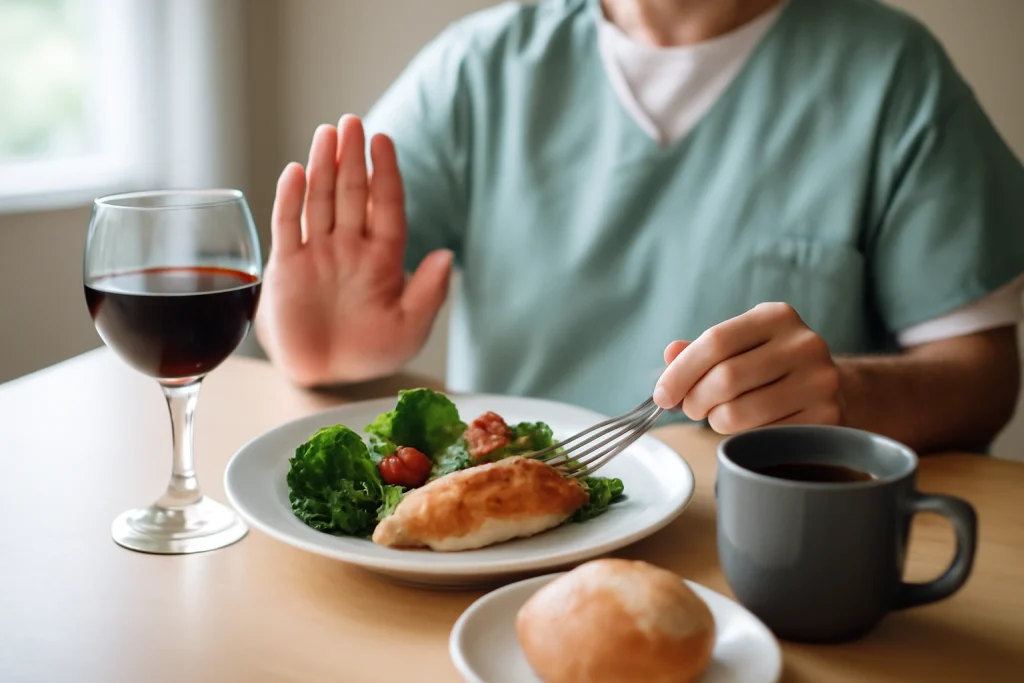 dunkle Lebensmittel wie Kaffee und Wein