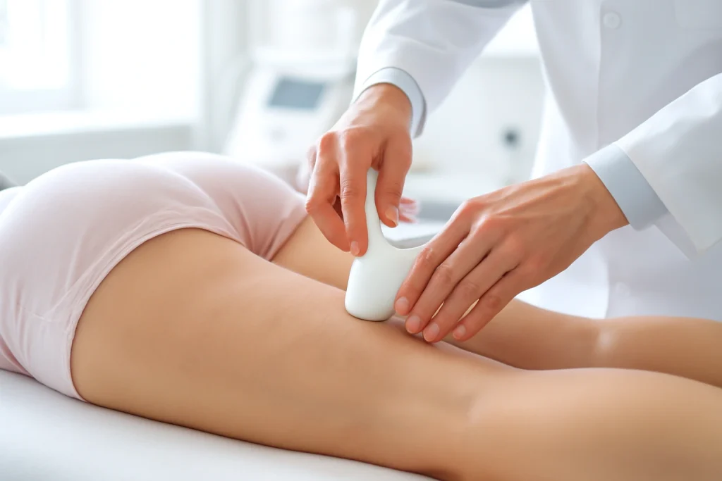 dottore che preme delicatamente sull'area della cellulite