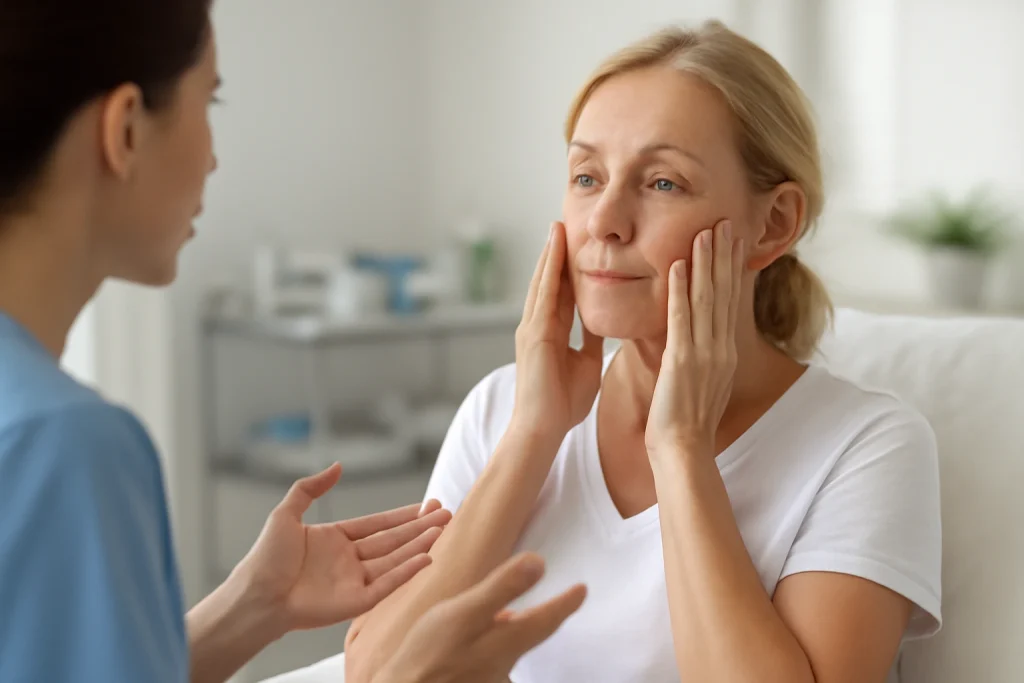 asistentă explicând beneficiile masajului facial după chirurgie de lifting