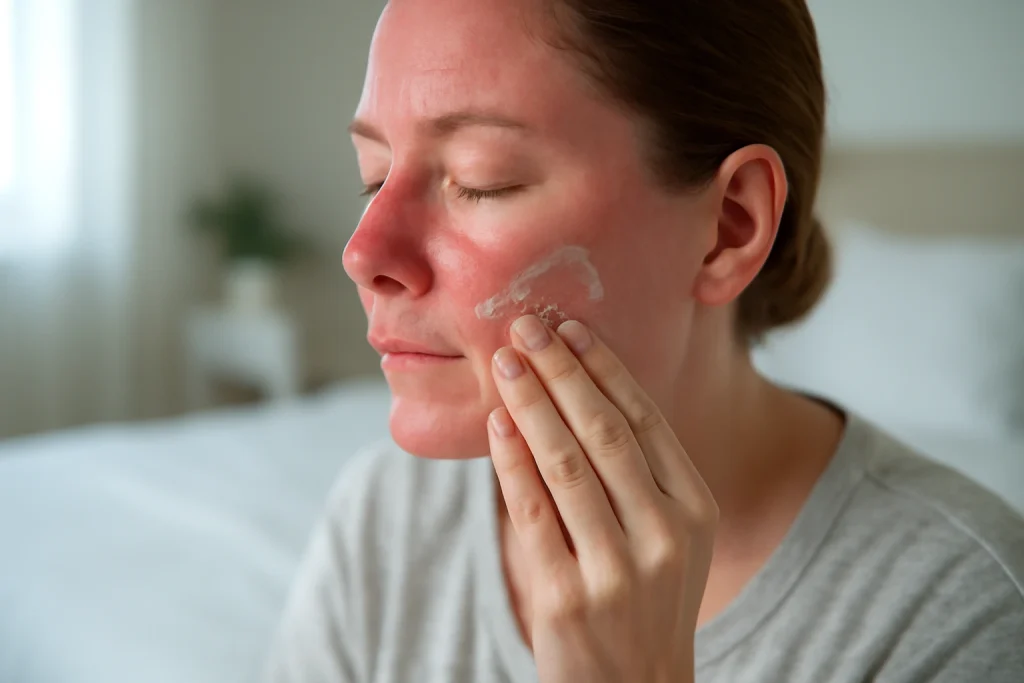 paziente che applica un gel rinfrescante sul viso