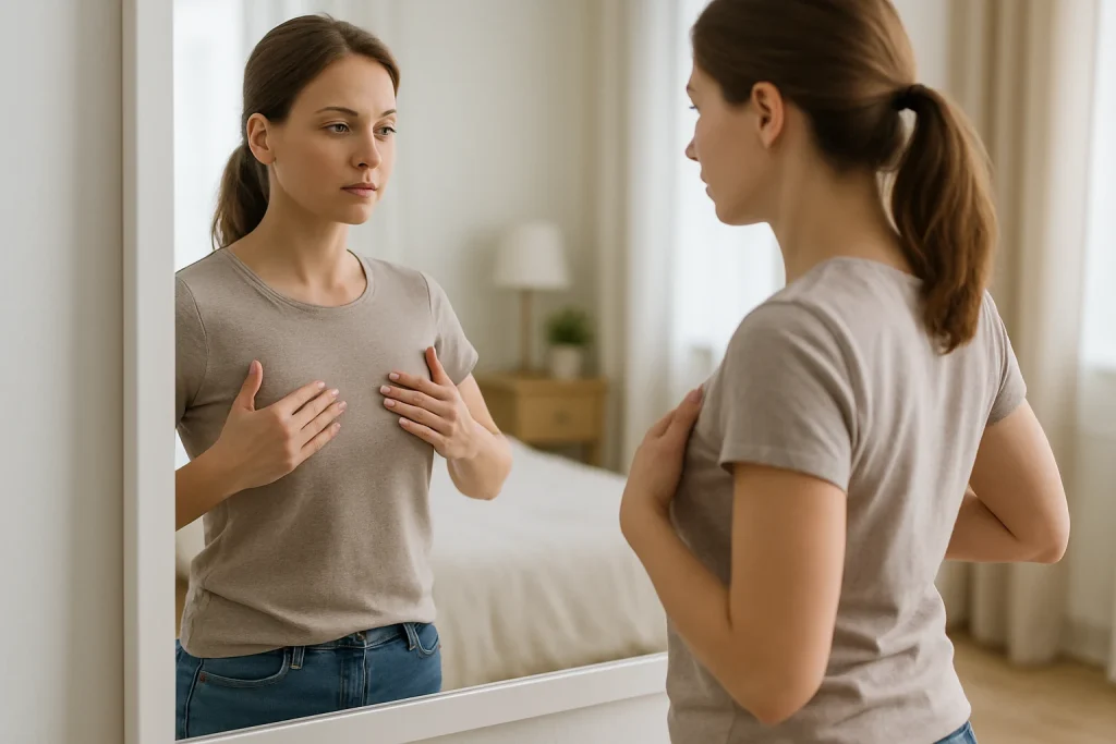 patient gently inspecting her chect area after breast implant surgery