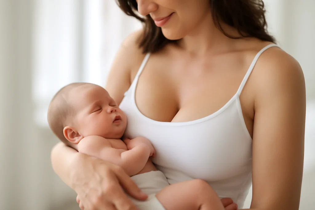 paziente che tiene in braccio il suo bambino dopo l'intervento di protesi al seno