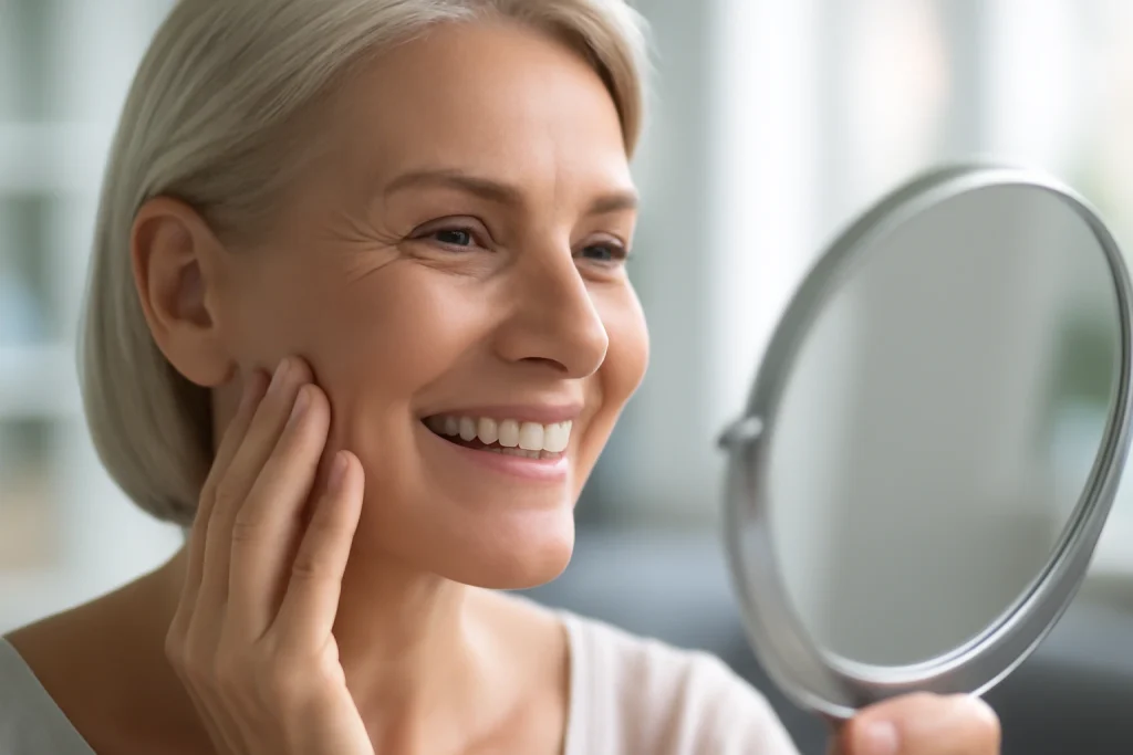 paziente dopo il lifting del viso che guarda allo specchio