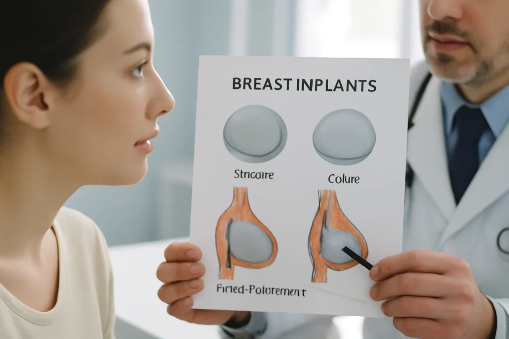close-up realist al unui doctor explicând implant mamar