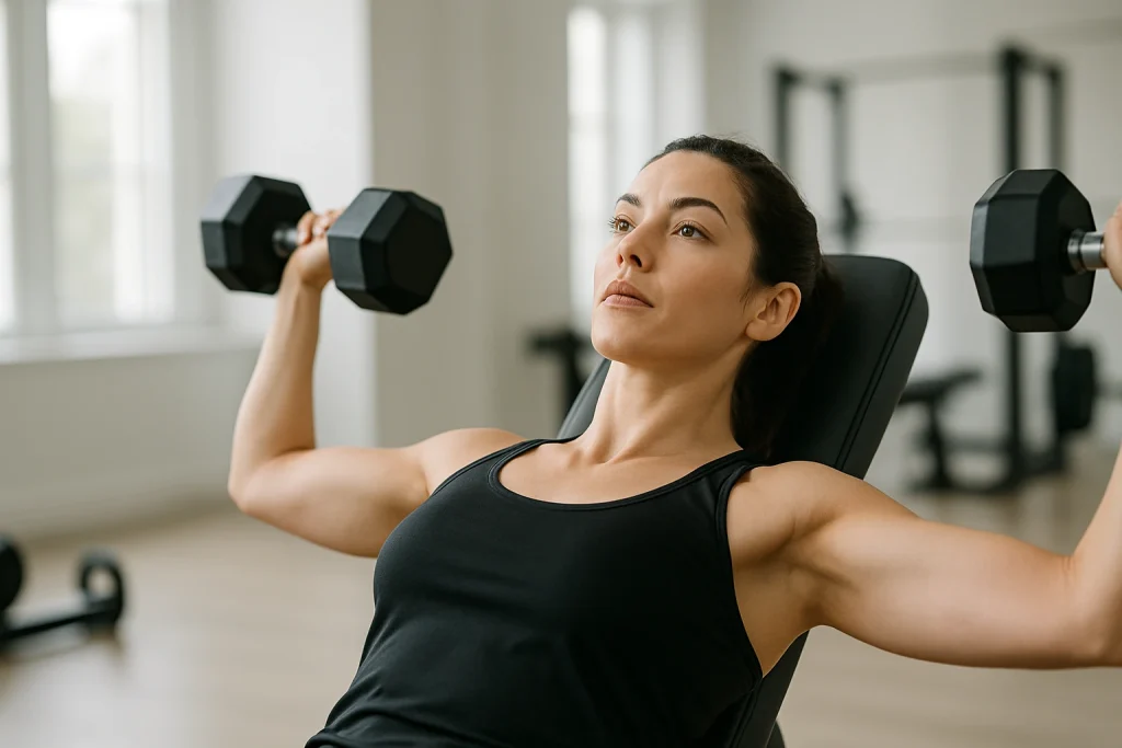Frau beim Schrägbankdrücken mit Kurzhanteln im Fitnessstudio