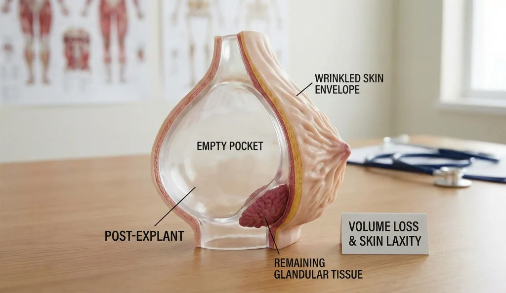 model anatomic al sânului după explant, laxitate a pielii