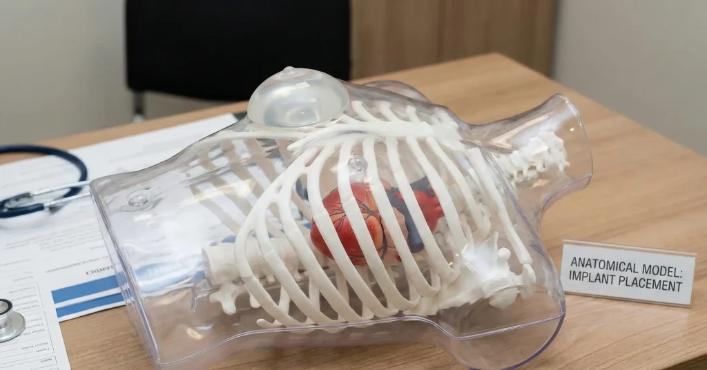 modello anatomico del tronco che mostra la barriera delle costole tra cuore e impianto