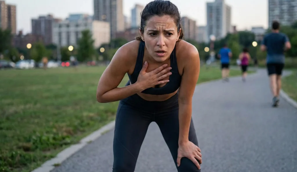 Athletische Frau atmet nach Lauf, Hand auf Brust