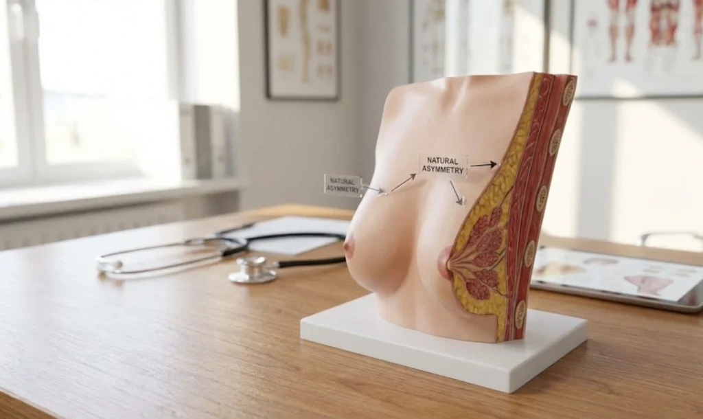 modello anatomico di displacement mediale dell'impianto e simmastia