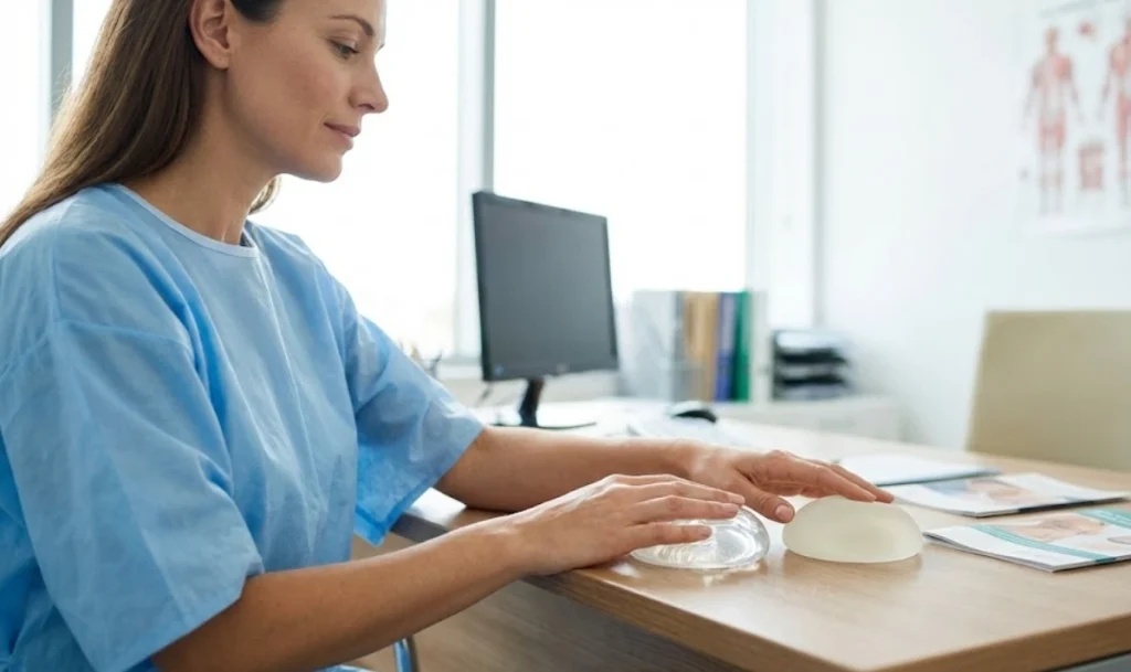 Patientenberatung, die das Gefühl der Brustimplantate prüft