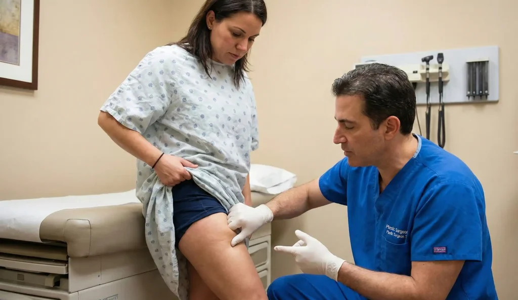 plastic surgeon checking pitting edema on patient thigh
