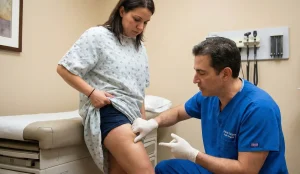 plastic surgeon checking pitting edema on patient thigh