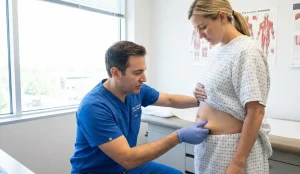plastic surgeon performing abdominal skin laxity test
