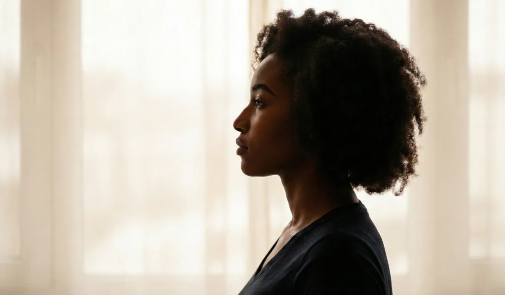 profilo laterale donna con silhouette di pelle nasale spessa