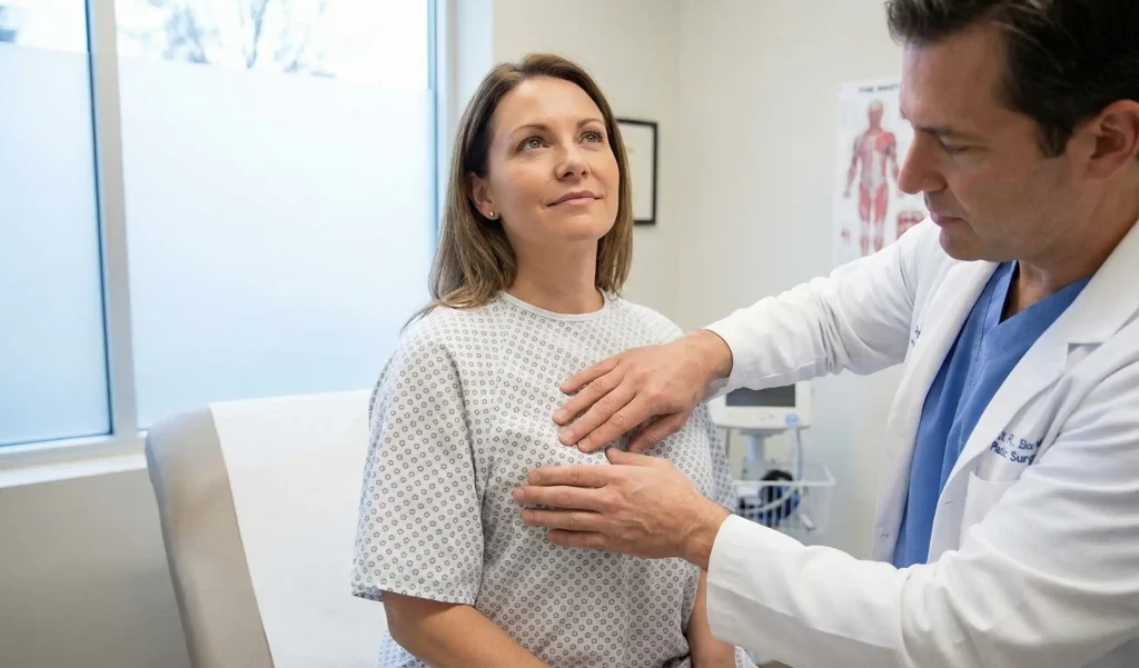 medic verificând pliabilitatea sânului
