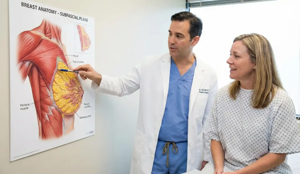 Chirurg erklärt die Anatomie der subfaszialen Ebene