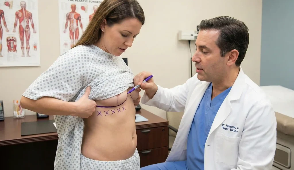 chirurgo che segna un paziente per la tecnica di chirurgia del reggiseno interno