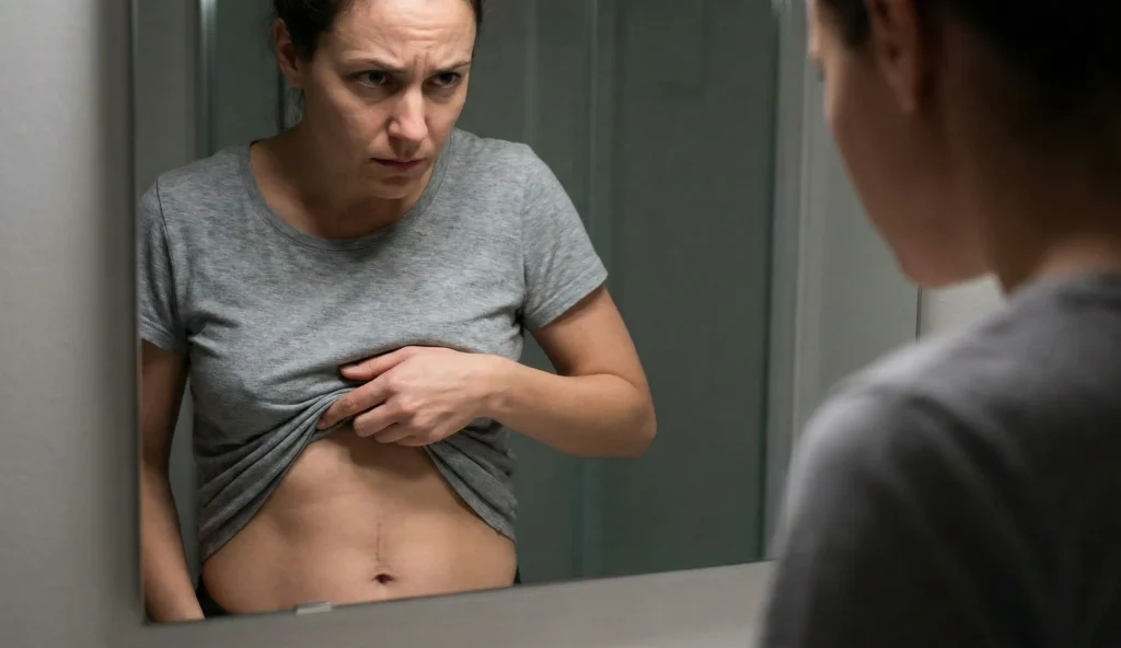 donna che controlla la cicatrice dell'ombelico