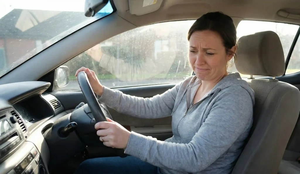 femeie în mașină testând pregătirea pentru conducere