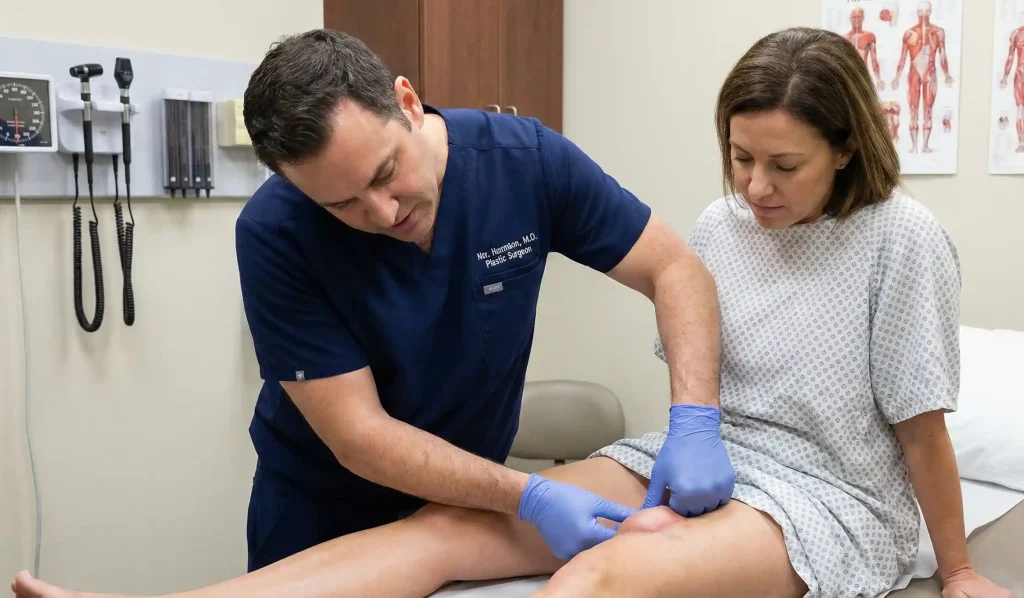 Frau palpiert abdominale Klumpen Fibrose Kontrolle