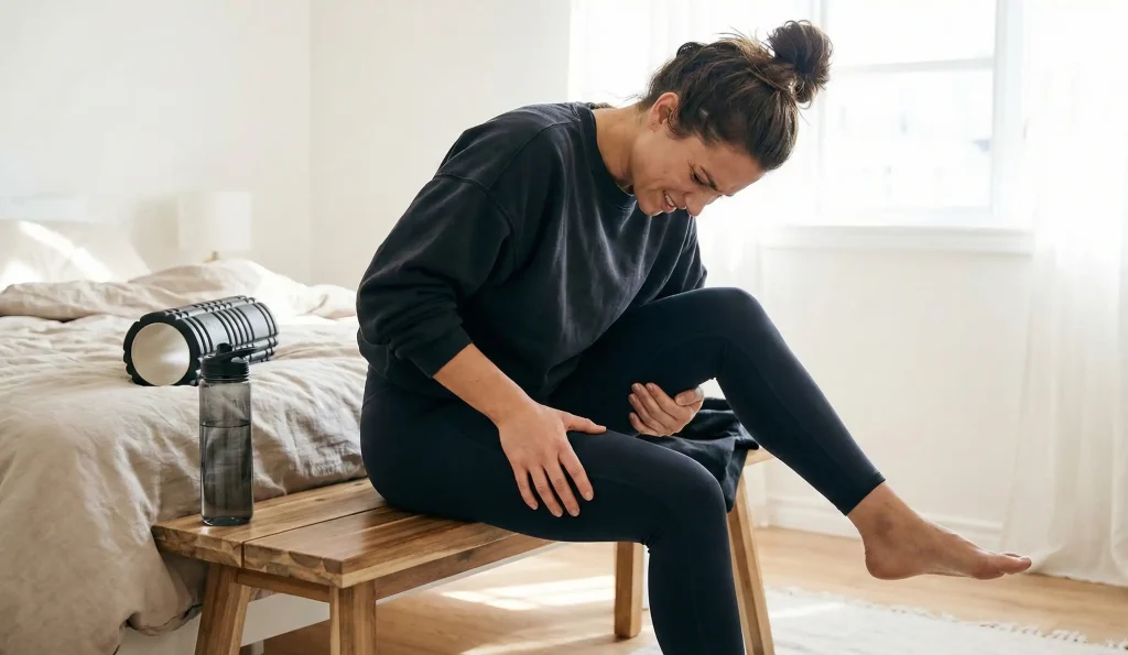 woman wearing compression leggings experiencing doms fatigue
