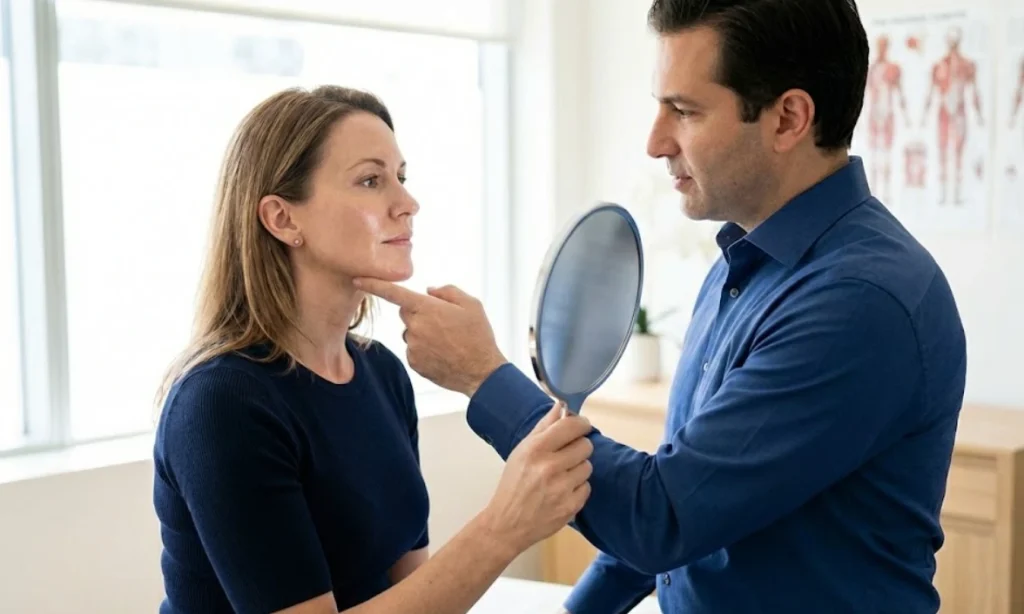 junge Patientin bei Facelift-Beratung frühe Alterszeichen
