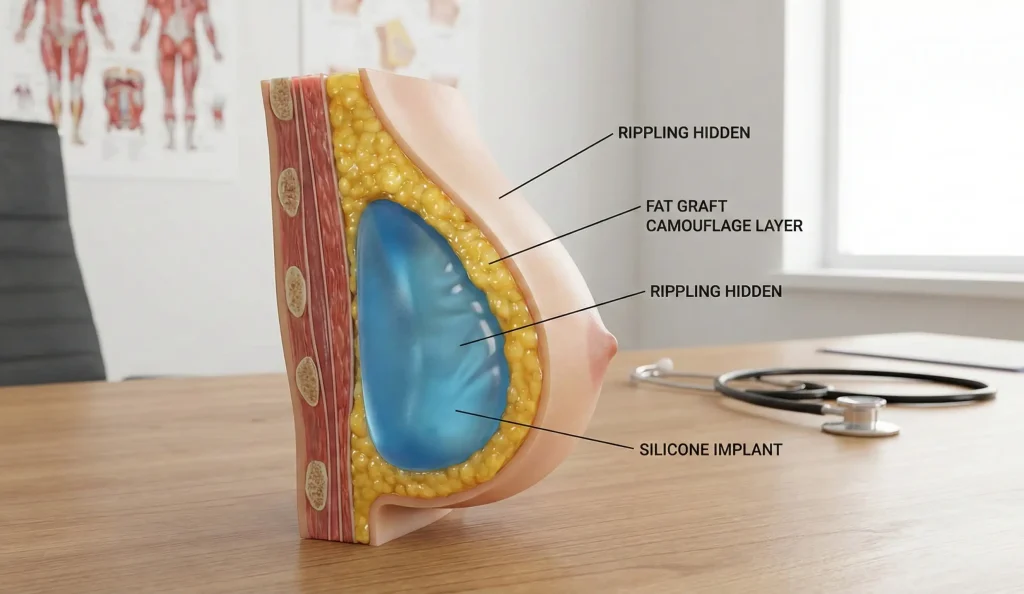 model anatomic de sân cu strat de camuflaj, grăsime peste implant