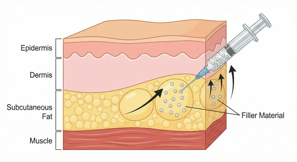 diagrama anatomica injectare filler în grăsimea subcutanată a feselor