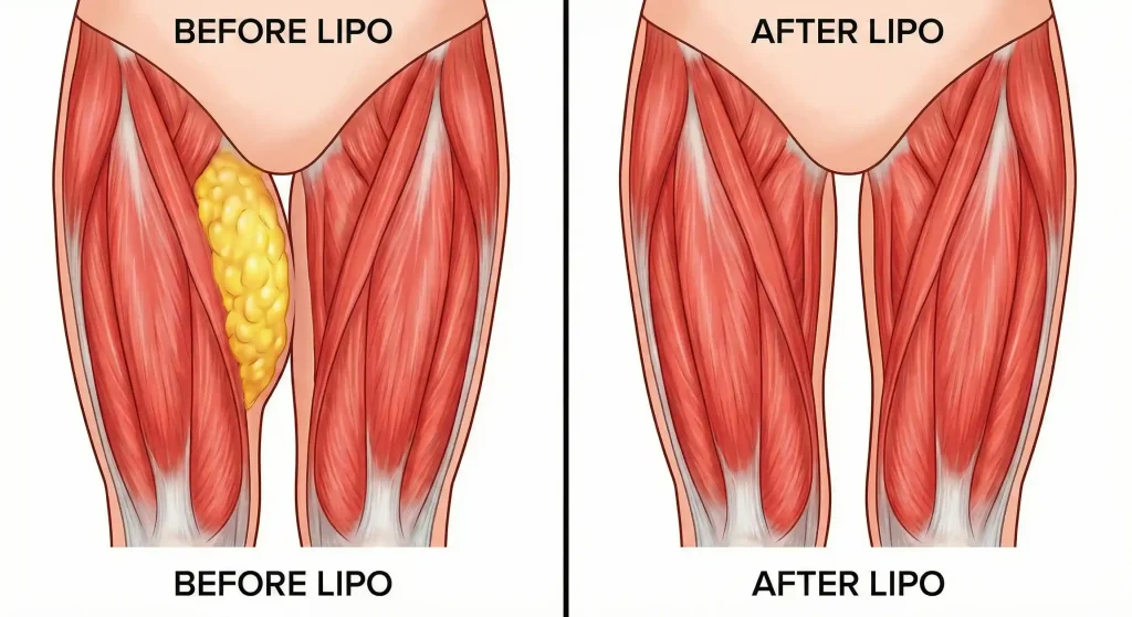 Anatomisches Diagramm vor und nach Oberschenkel-Liposuktion mit Darstellung der Gap-Erstellung