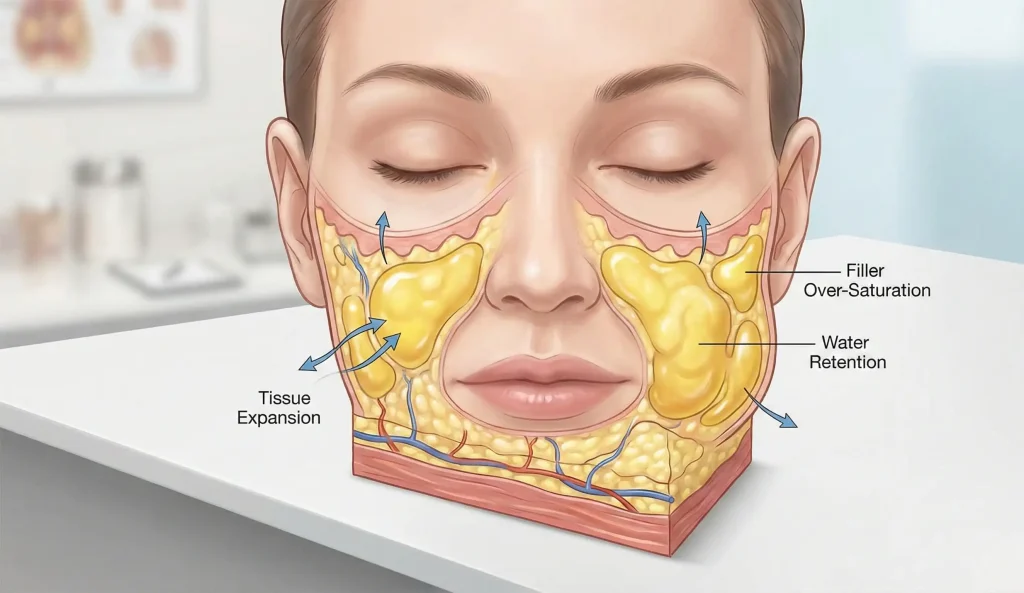 diagramma anatomico della migrazione del filler facciale e ritenzione idrica in sezione trasversale