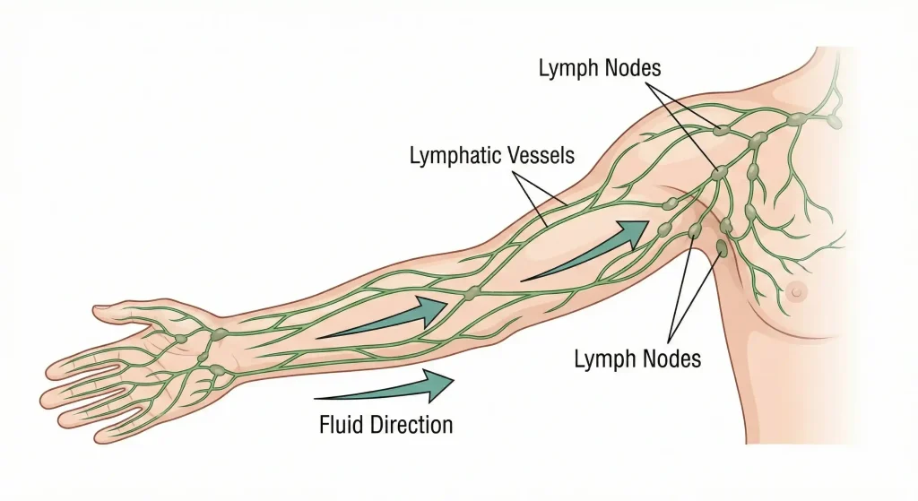 Anatomisches Diagramm des lymphatischen Systems mit Fließrichtung