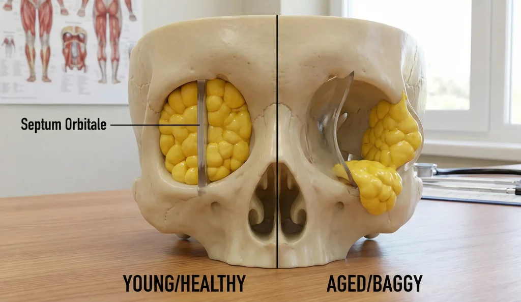 anatomik göz yuvası modeli zayıflamış septum ve yağ şişliği