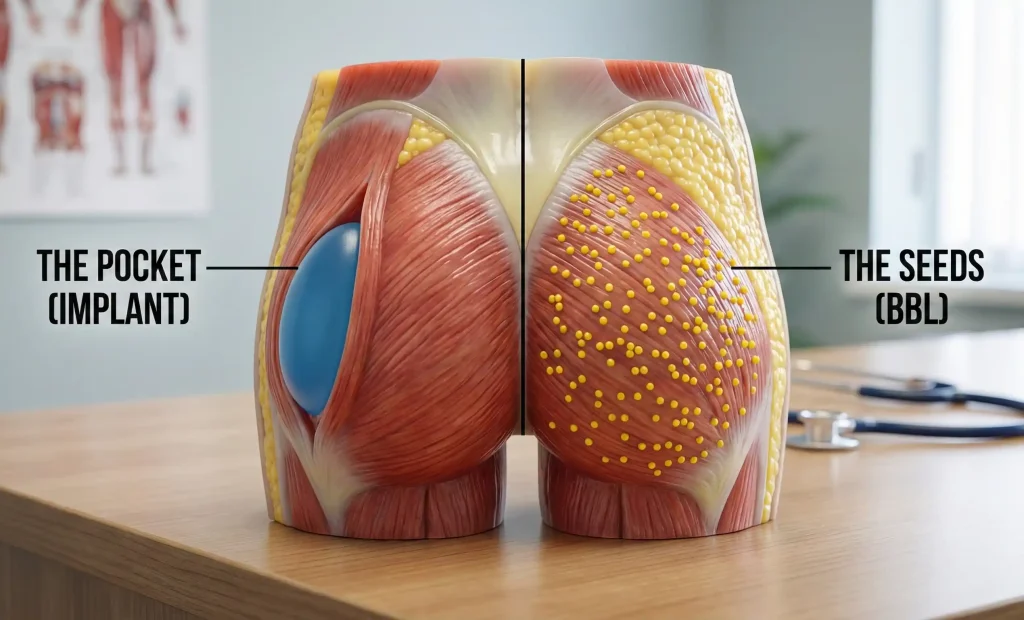 anatomisches Glutealmodell, Implantattasche vs. BBL-Samen