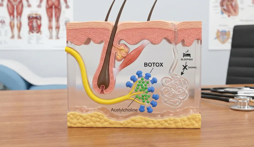 model anatomic al pielii cu blocarea semnalului Botox pentru glandele sudoripare