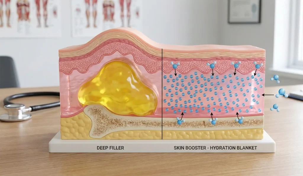 anatomisches Hautmodell deep filler vs skin booster hydration