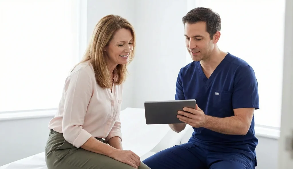doktor ve hasta uzun dönem sonuçlarını tablette inceliyor