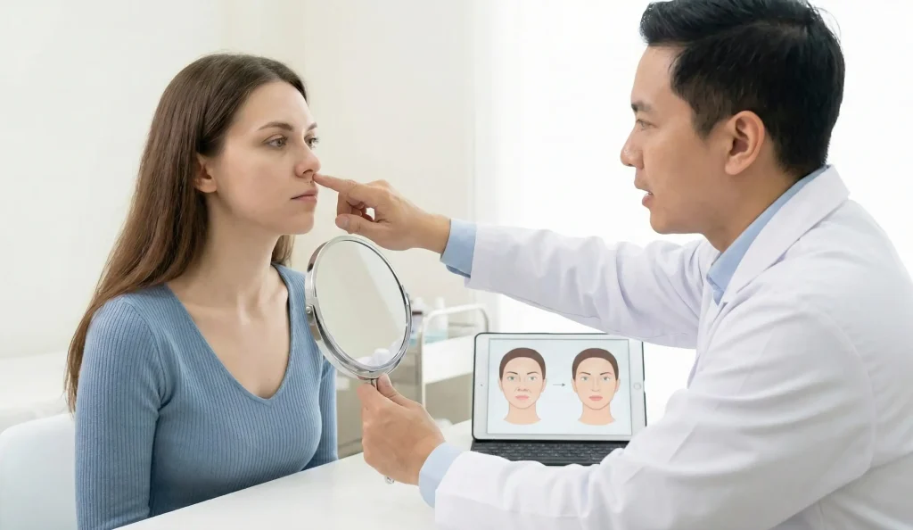 doctor consultând pacient despre procedura de ridicare subnazală a buzei