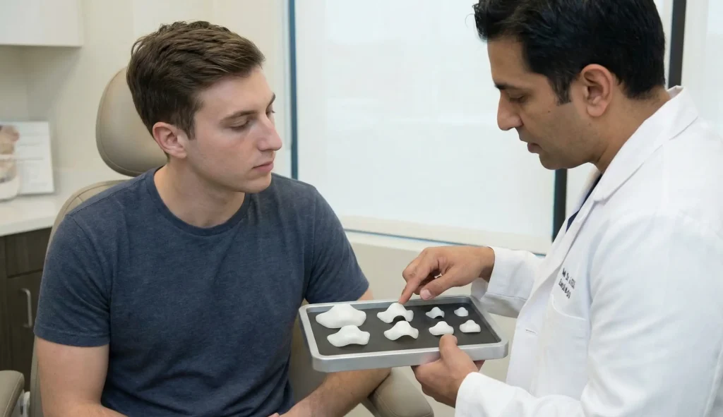 dİş doktoru hastayla çene implantlarını görüşüyor