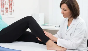 doctor examining patient legs after liposuction clinical follow up