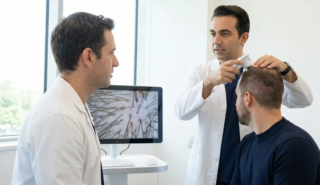 doctor examining patient scalp grafts