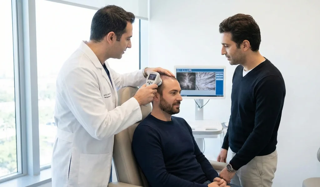 doctor examining patient scalp with densitometer