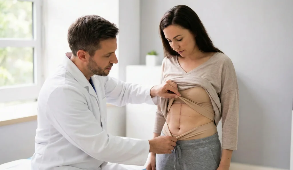 Doctor examining tummy tuck incision during follow-up