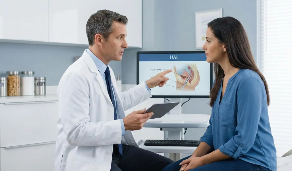 doctor explicând pacientului procedura UAL cu tabletă