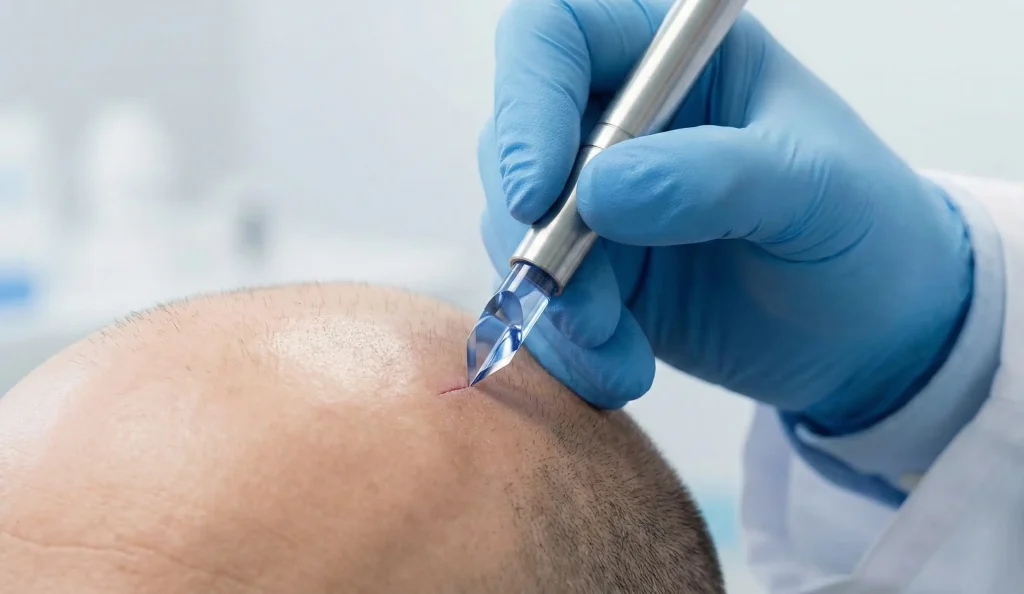 doctor realizând micro incizie safir FUE pe scalp