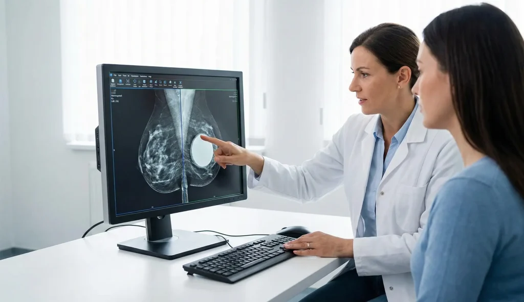 doktor meme implantı mamografi sonuçlarını inceliyor