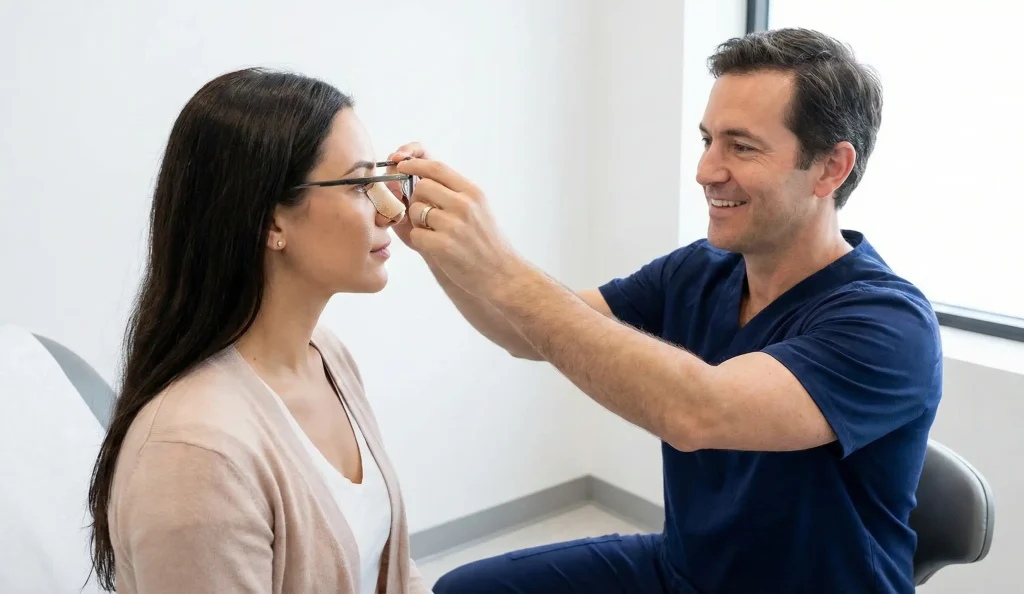 medico mostra occhiali da rinoplastica al paziente