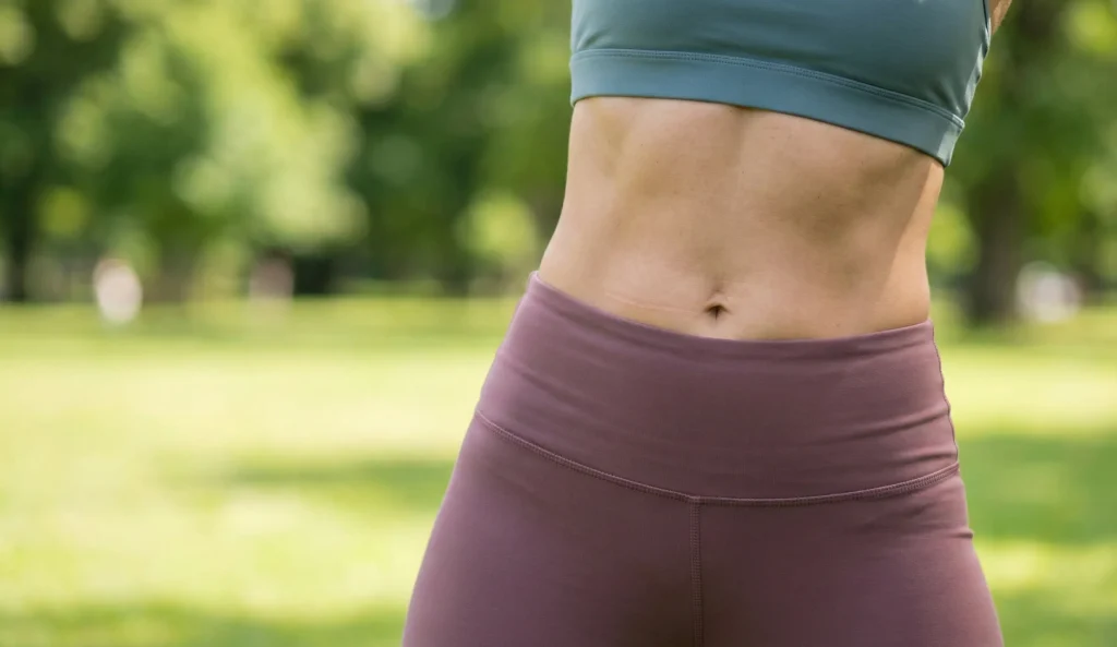 tessitura cicatrice di tummy tuck su donna in parco